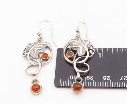 925 Sterling Silver Vintage Earrings Cabochon Amber Floral Leaf Motif  EG14076