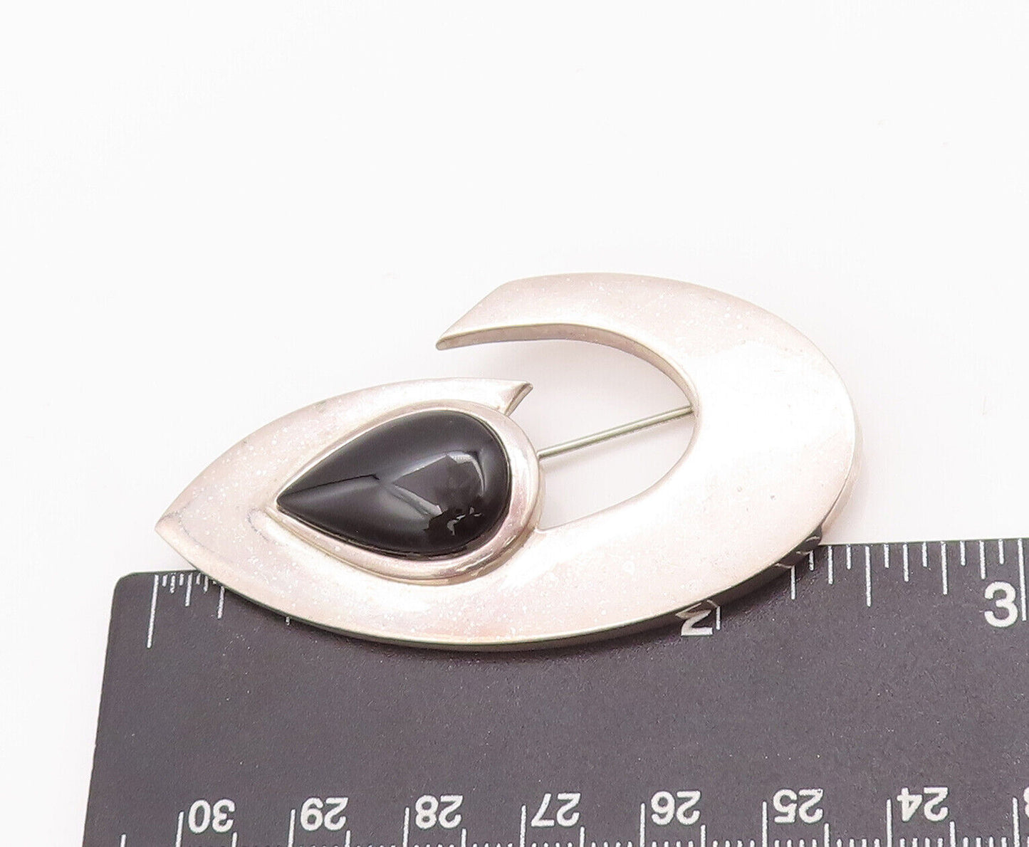 925 Sterling Silver Vintage Brooch Pin Designer Cabochon Drop Shape Onyx BP10871