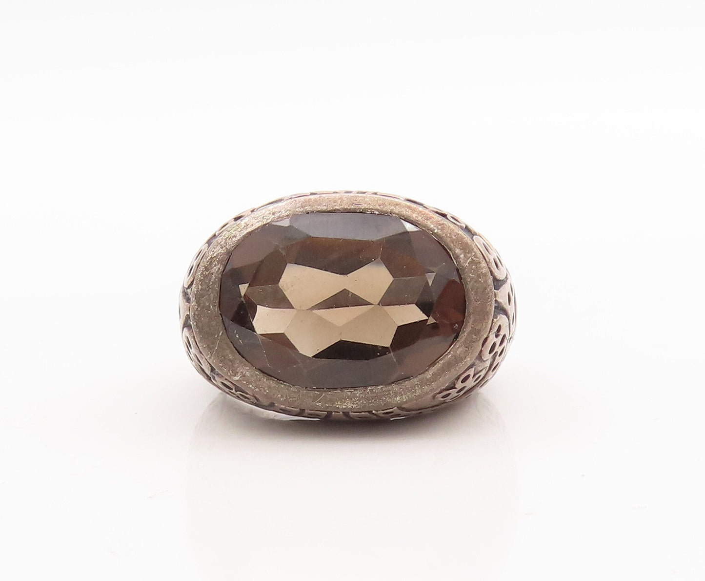 925 Sterling Silver Vintage Ring Beaded Carved Oval Smoky Quartz  Sz 8  RG29198