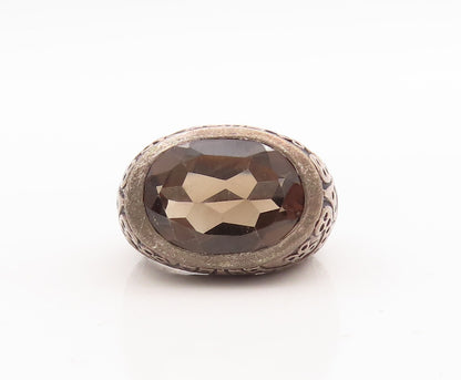 925 Sterling Silver Vintage Ring Beaded Carved Oval Smoky Quartz  Sz 8  RG29198