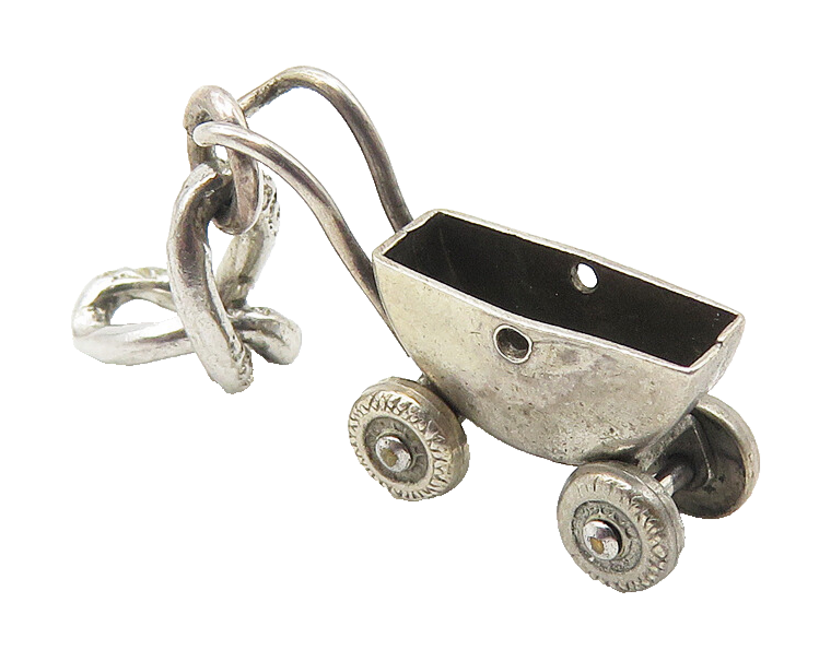 925 Sterling Silver  Vintage Petite Old Fashioned Baby Carriage Pendant PT8221