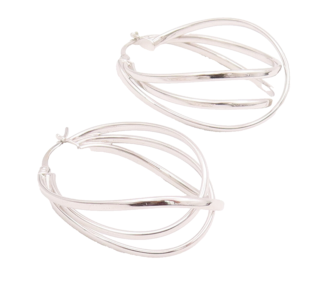 925 Sterling Silver Vintage Earrings Designer Cutout 3 Connected Hoops  EG12922