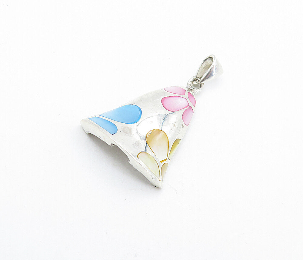 925 Sterling Silver  Blue Mother Of Pearl Floral Pattern Bell Pendant  PT5566