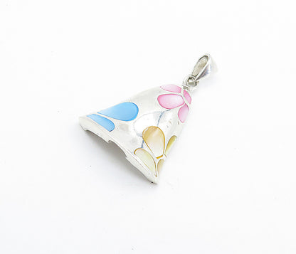 925 Sterling Silver  Blue Mother Of Pearl Floral Pattern Bell Pendant  PT5566