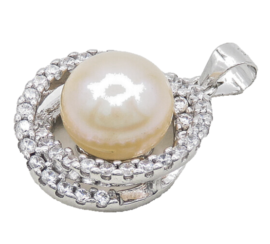 925 Sterling Silver   Shiny Pearl & Cubic Zirconia Orbit Pendant  PT15564