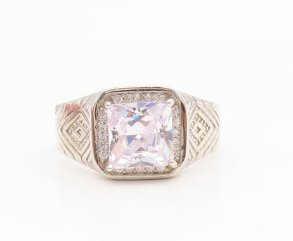 925 Sterling Silver Vintage Ring Classic CZ Etched Geometric Band Sz 12 RG35153