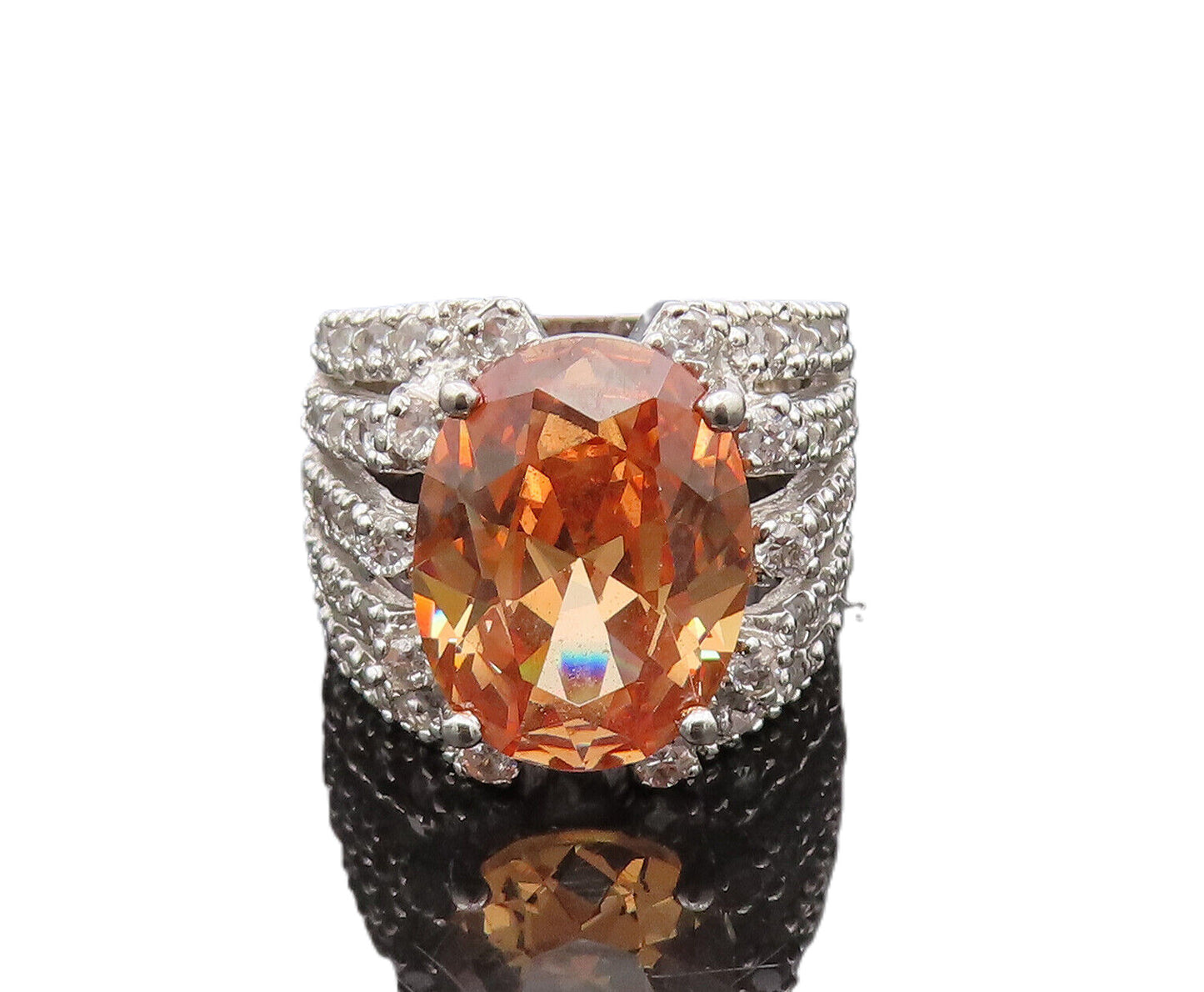 925 Silver  Vintage Large Champagne & Multi Threaded CZ Ring Sz 7  RG26527