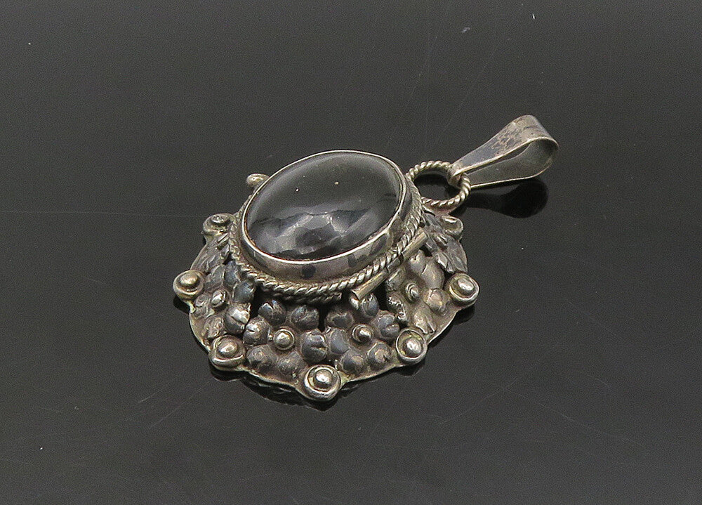 MEXICO 925 Sterling Silver  Vintage Cabochon Cut Black Onyx Pendant  PT17856