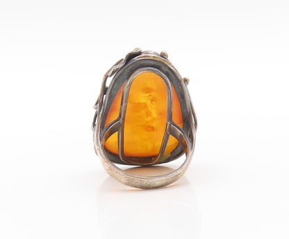 925 Sterling Silver Vintage Ring POLAND Floral Carved Honey Amber  Sz 8  RG32664