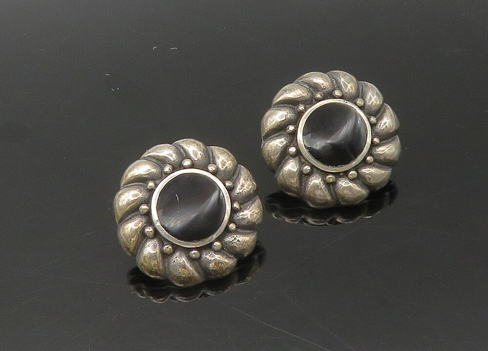 925 Sterling Silver  Vintage Black Onyx Flower Motif Drop Earrings  EG10904