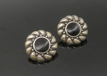 925 Sterling Silver  Vintage Black Onyx Flower Motif Drop Earrings  EG10904
