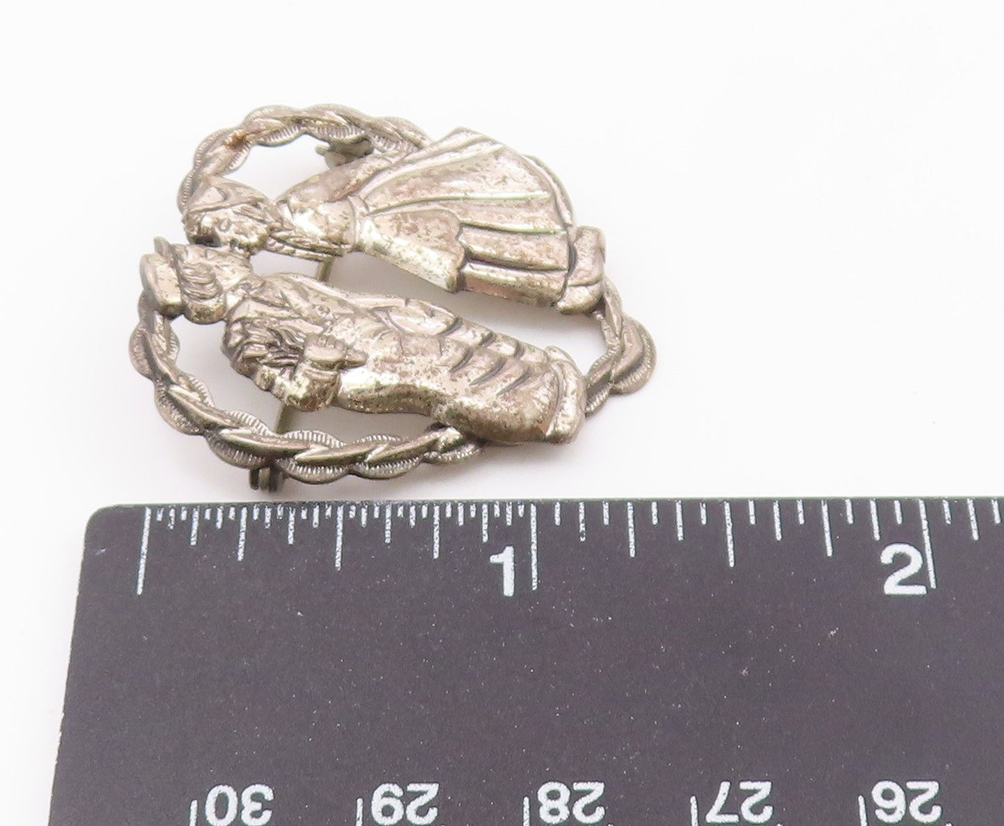 BEAU 925 Silver  Vintage Antique Kissing Couple Love Heart Brooch Pin  BP9439