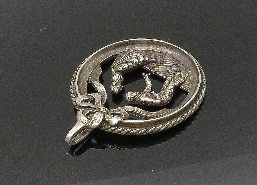 925 Sterling Silver  Vintage Dancing Couple Dark Tone Round Pendant  PT18036