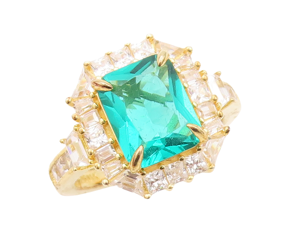 925 Sterling Silver Vintage Ring Gold Plated Sea Green & White CZ Sz 7.5 RG30245