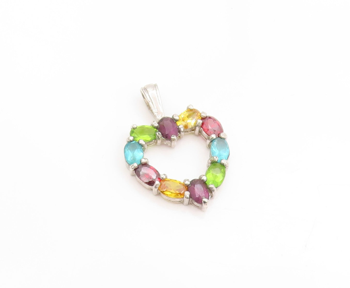 925 Sterling Silver Vintage Pendant Multi Gemstone Open Love Heart Charm PT25070