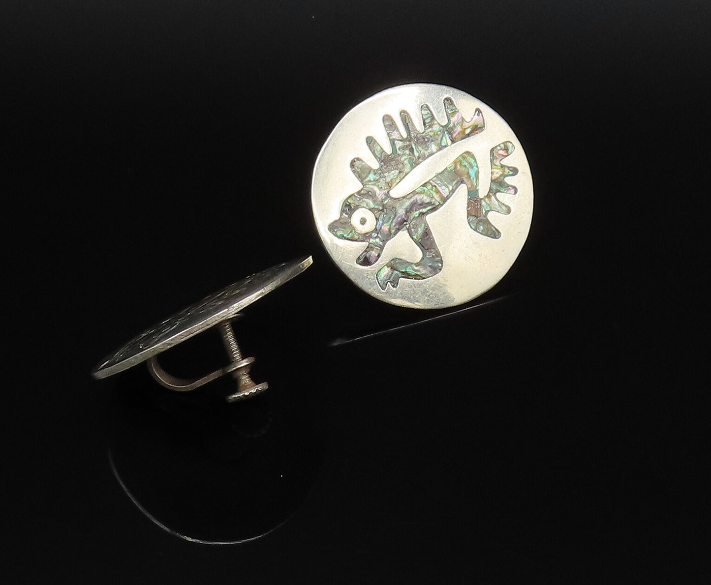 MEXICO 925 Silver  Vintage Inlaid Abalone Reptile Screw Back Earrings  EG12144