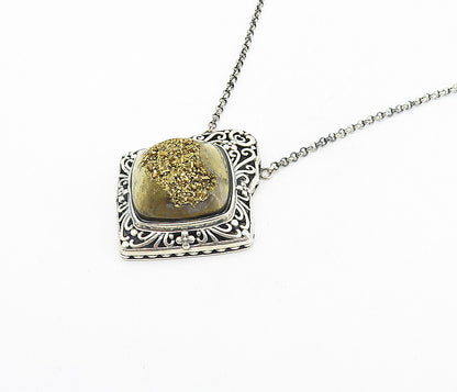 BERIA 925 Silver  Vintage Gold Druzy Stone Floral Swirl Chain Necklace  NE1325