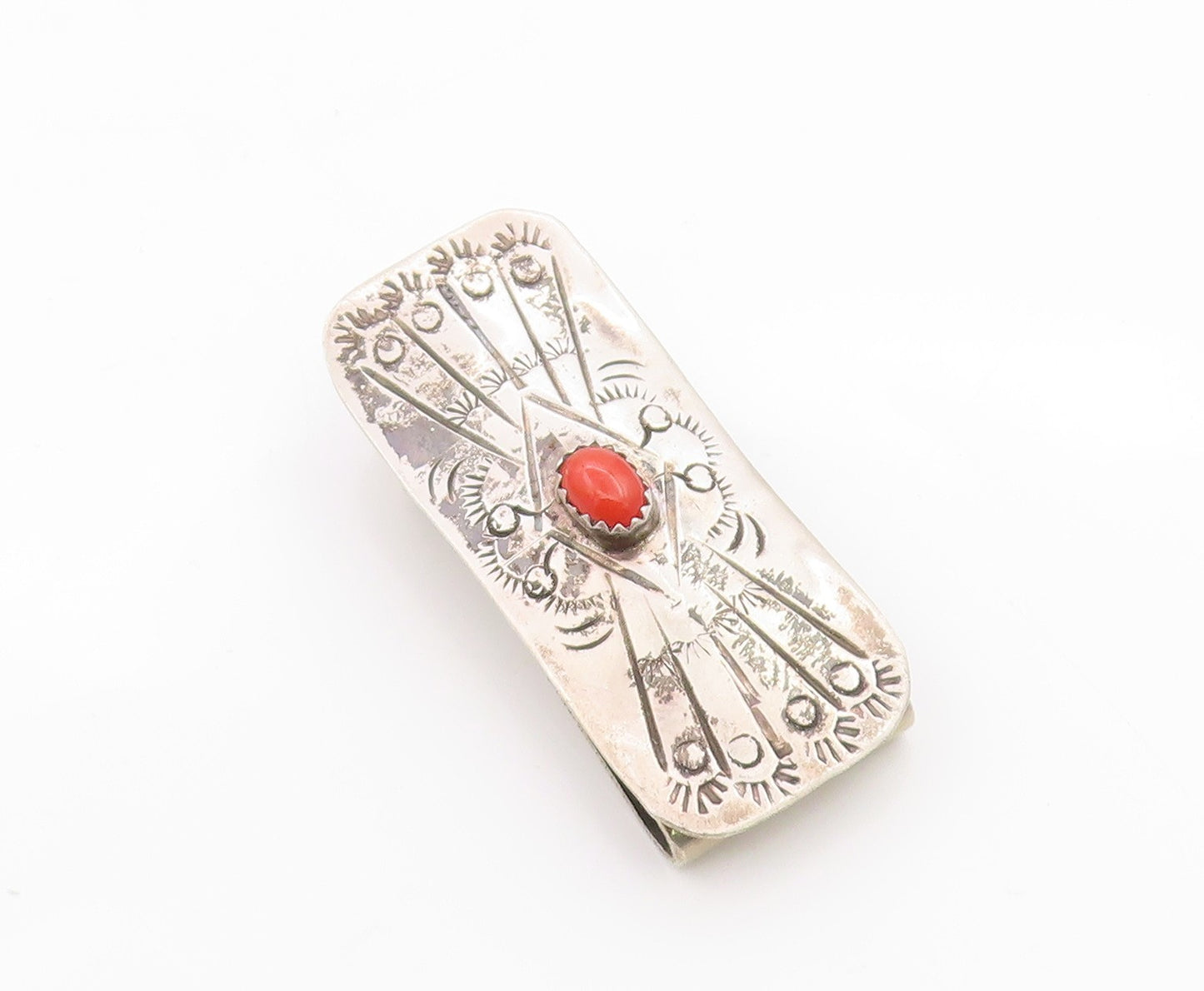 925 Sterling Silver Vintage Money Clip NAVAJO Zuni Carnelian Etched Pin  TR3959