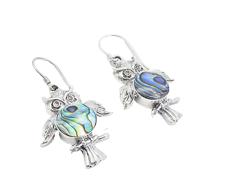 925 Sterling Silver Vintage Abalone Shell Owl Motif Drop Earrings EG3402