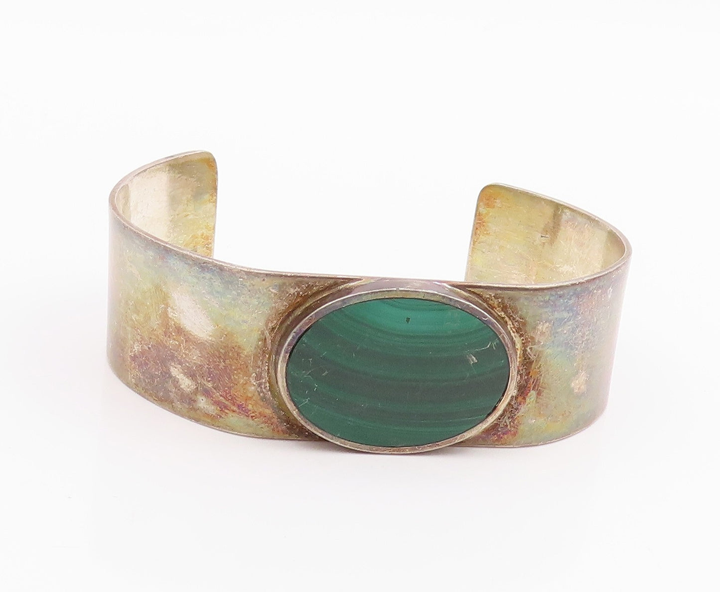 925 Sterling Silver Vintage Bracelet Modernist Cabochon Malachite Cuff  BT11971
