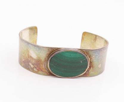 925 Sterling Silver Vintage Bracelet Modernist Cabochon Malachite Cuff  BT11971