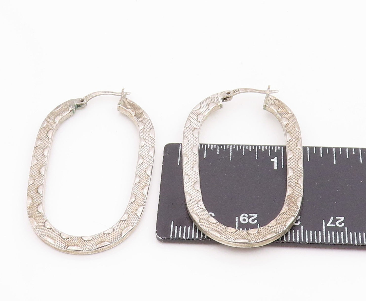 925 Sterling Silver Vintage Earrings Modernist Textured Oval Hoops  EG14258