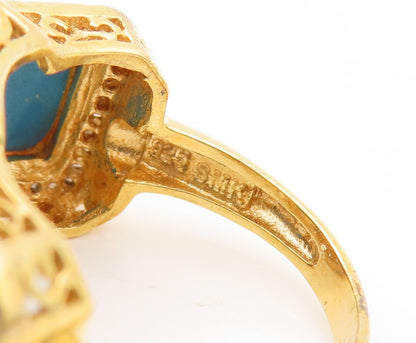 925 Sterling Silver Vintage Ring Gold Plated Diamonds &Turquoise  Sz 7.5 RG29242