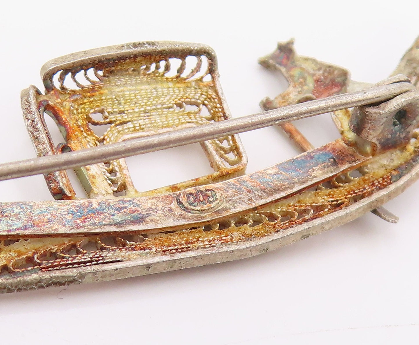 925 Sterling Silver Vintage Brooch Pin Filigree Miniature Gondola Boat  BP12450