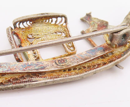 925 Sterling Silver Vintage Brooch Pin Filigree Miniature Gondola Boat  BP12450