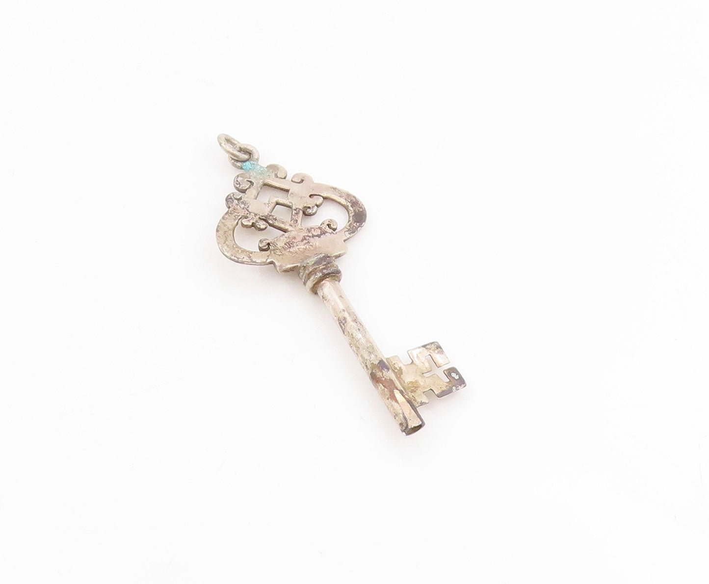 925 Sterling Silver Vintage Pendant Large Cutout Crown Key Design Charm  PT25617