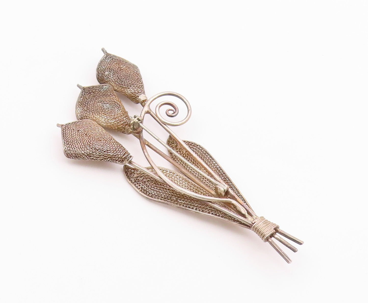 925 Sterling Silver  Vintage Antique Filigree Swirl Flowers Brooch Pin  BP6396