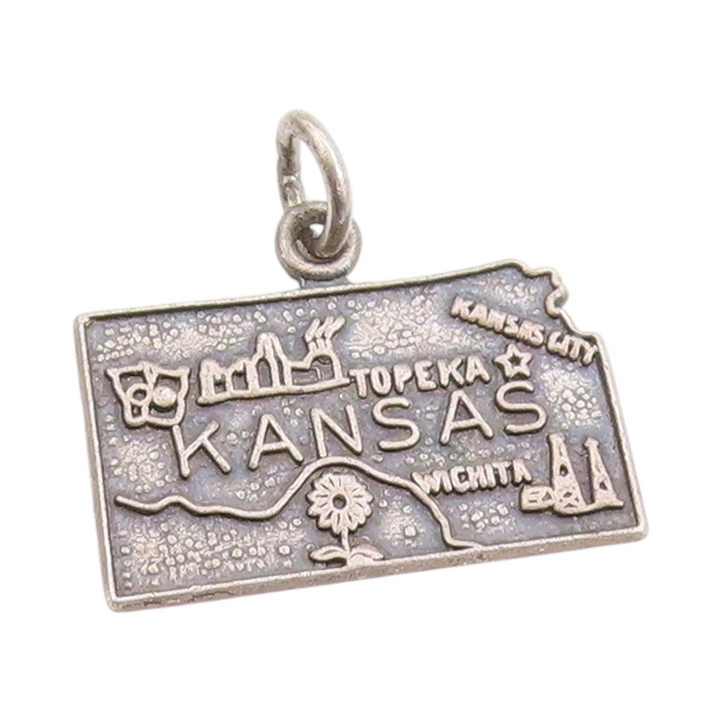 925 Sterling Silver Vintage Pendant Dark Tone Kansas State Map Charm  PT24926