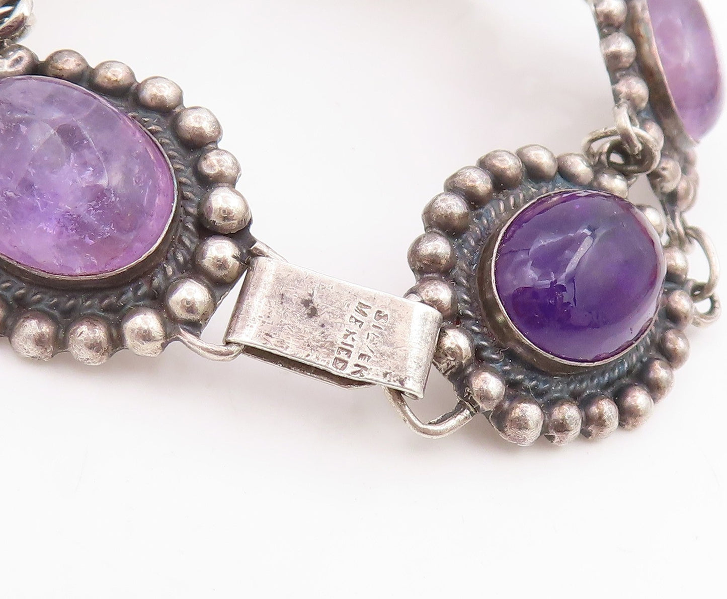 925 Sterling Silver Vintage Bracelet Cabochon Amethyst Beaded Link  BT11845