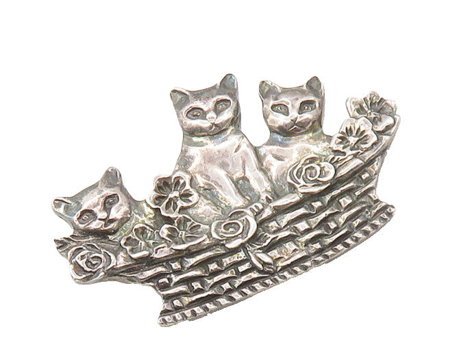 925 Sterling Silver  Vintage Dark Tone Cats In A Basket Brooch Pin  BP6791