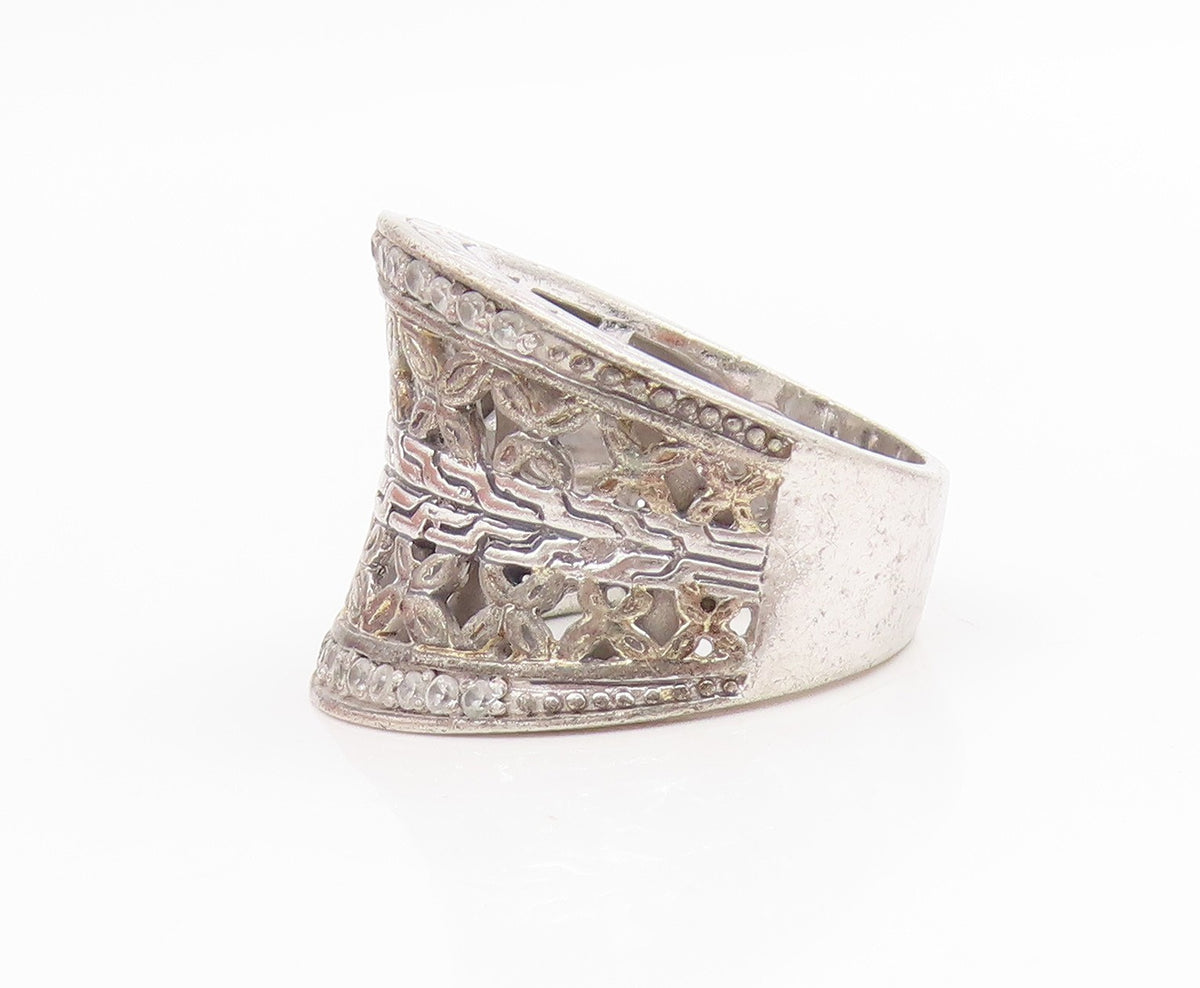 925 Sterling Silver Vintage Ring CZ Floral Openwork Wide Band  Sz 8.5  RG34372