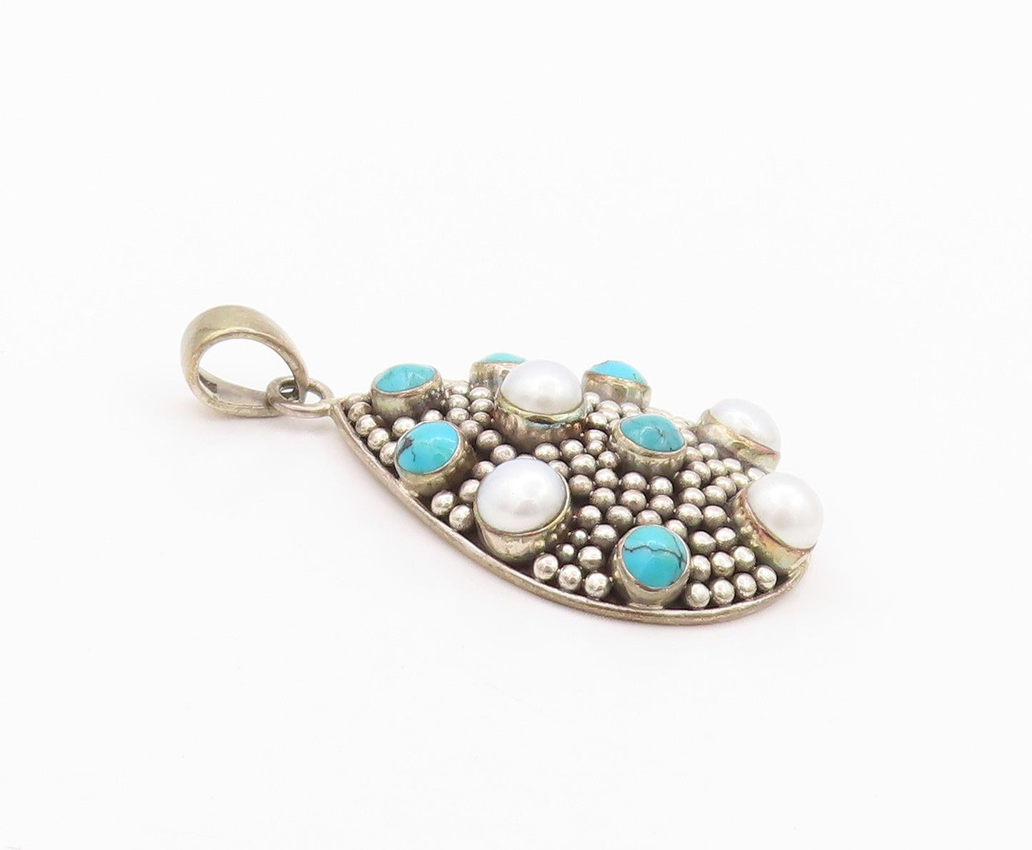 925 Sterling Silver Vintage Pendant Drop Shape Round Pearls & Turquoise  PT24065
