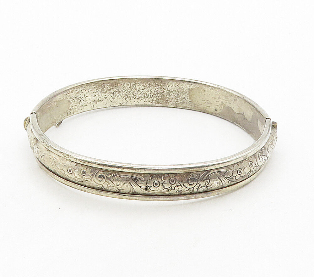 925 Sterling Silver  Vintage Floral Vine Motif Hinge Bangle Bracelet  BT6172