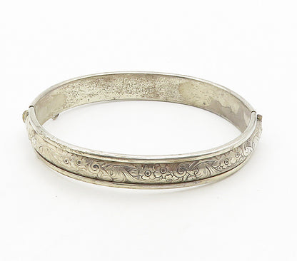 925 Sterling Silver  Vintage Floral Vine Motif Hinge Bangle Bracelet  BT6172