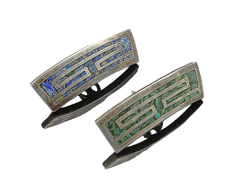 MEXICO 925 Sterling Silver  Vintage Inlaid Turquoise Drop Earrings  EG9302