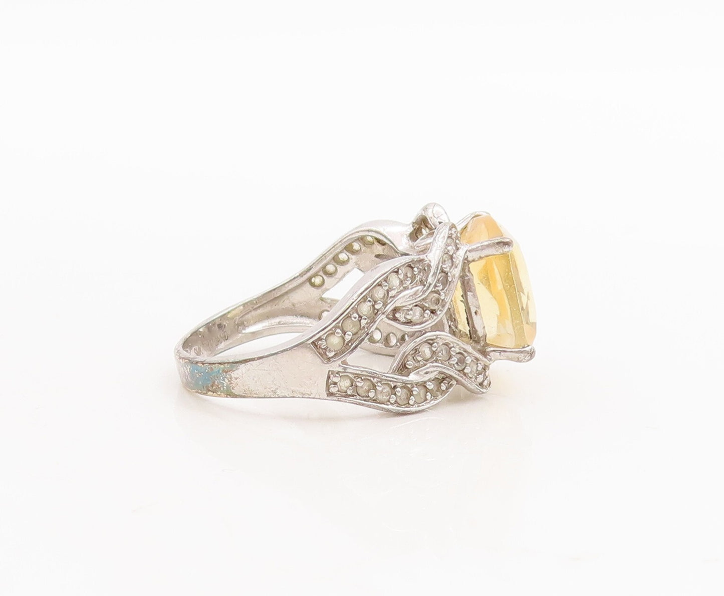 925 Sterling Silver Vintage Ring Square & Loop Cutout 2 Tone Topaz Sz 6  RG29280