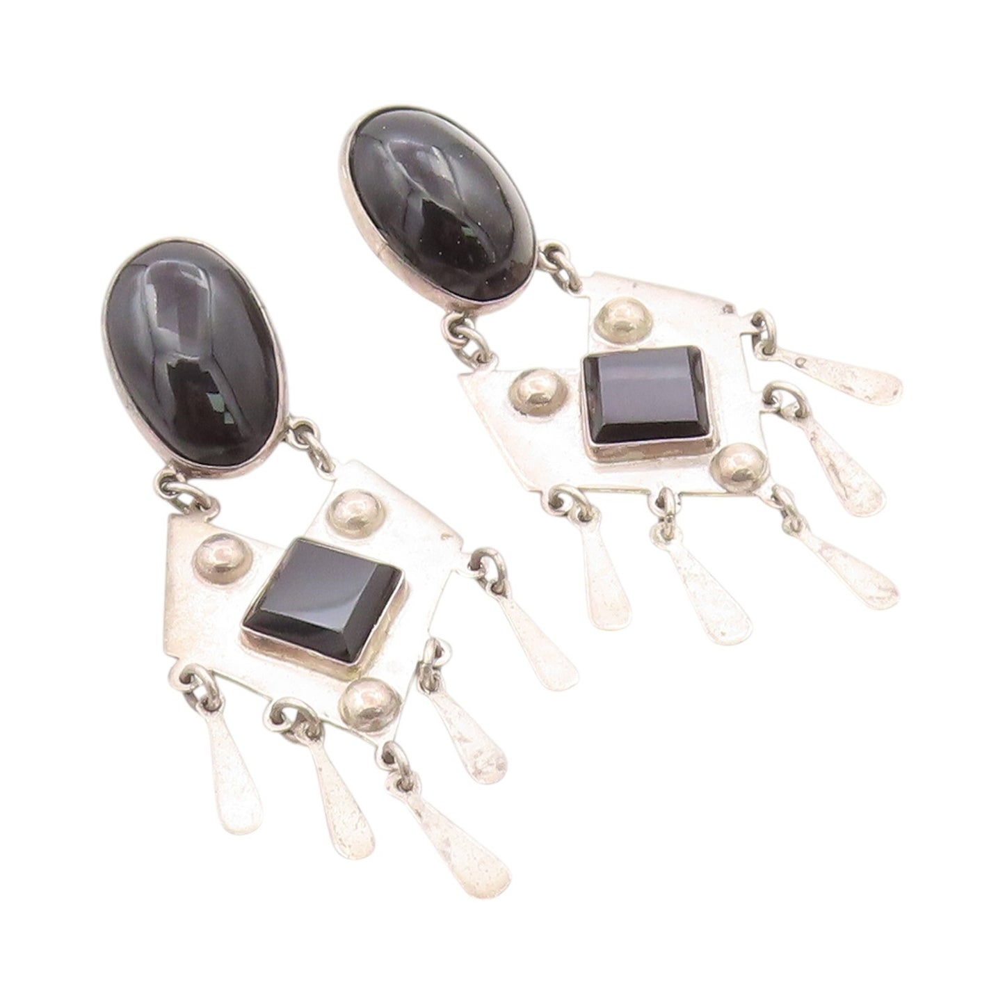 925 Sterling Silver Vintage Earrings MEXICO Cabochon Dangling Onyx Inlay EG13342