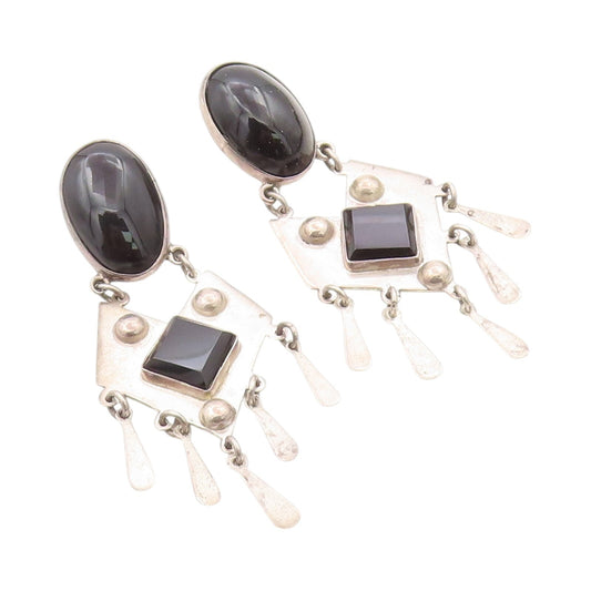 925 Sterling Silver Vintage Earrings MEXICO Cabochon Dangling Onyx Inlay EG13342