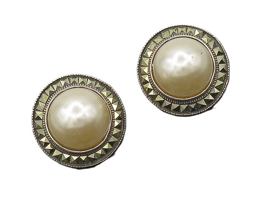 925 Sterling Silver   Vintage Shiny Pearl Dome Marcasite Drop Earrings  EG8946