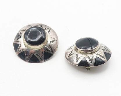 MEXICO 925 Sterling Silver Vintage Black Onyx Etched Sun Drop Earrings EG6047