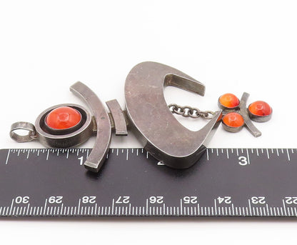 925 Sterling Silver Vintage Pendant ISRAEL Red Agate Modernist Abstract  PT25904