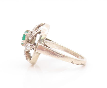 925 Sterling Silver Vintage Ring Cutout Jade & Topaz Flower  SZ 9  RG32087