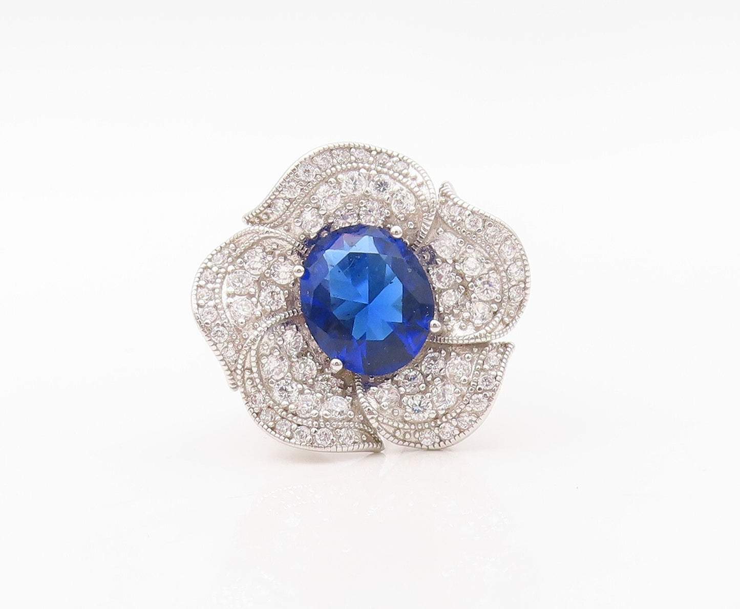 925 Sterling Silver Vintage Ring Oval Sapphire & CZ Inlay Flower Sz 7.5  RG30236