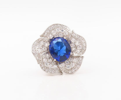 925 Sterling Silver Vintage Ring Oval Sapphire & CZ Inlay Flower Sz 7.5  RG30236