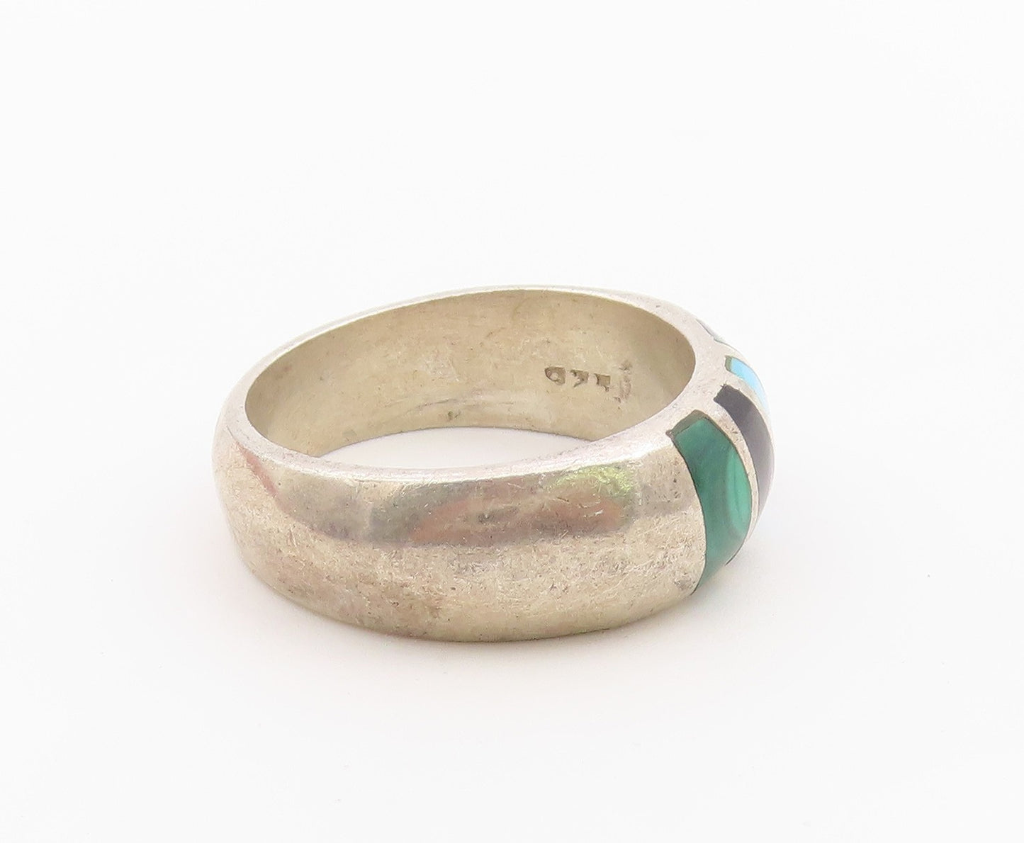 925 Sterling Silver Vintage Ring MEXICO Multi Gemstone Inlay Dome  Sz 9  RG36456