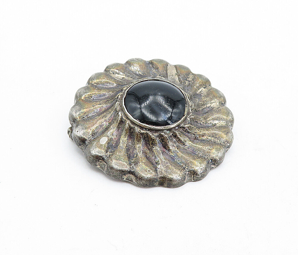 925 Sterling Silver  Vintage Black Onyx Dark Tone Floral Brooch Pin  BP1772